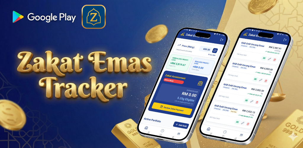 Aplikasi Android untuk kira zakat emas dan keuntungan simpanan emas merentas jenama secara automatik ikut harga emas harian.